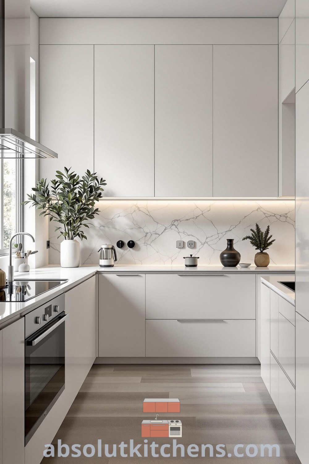 A modern kitchen with white cabinets and striking marble countertops, showcasing the beauty of a white minimalist kitchen. This design offers functional benefits and cozy ideas for your home, blending aesthetics and practicality perfectly. Discover unique kitchen decor inspirations at wellnesswink.com.