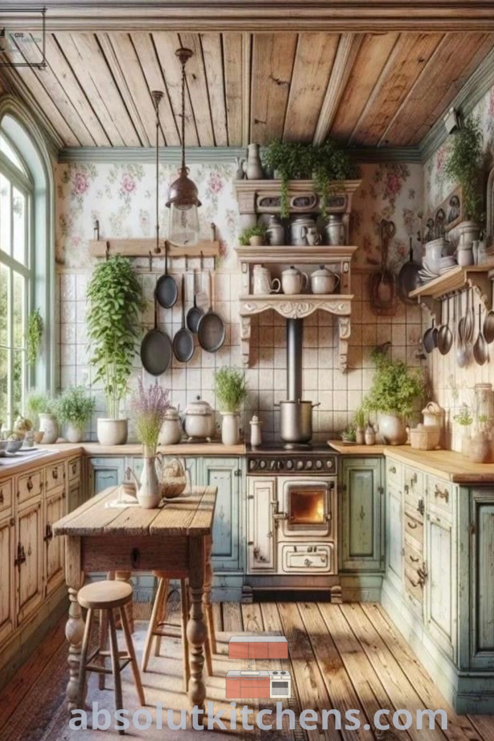 A rustic cottage kitchen showcasing an old-fashioned design with hanging pots, wooden flooring, and inviting decor. This cozy aesthetic exemplifies cottagecore style, providing design trends and decorating ideas for your house. Explore more inspiring kitchen decor ideas at absolutkitchens.com.
