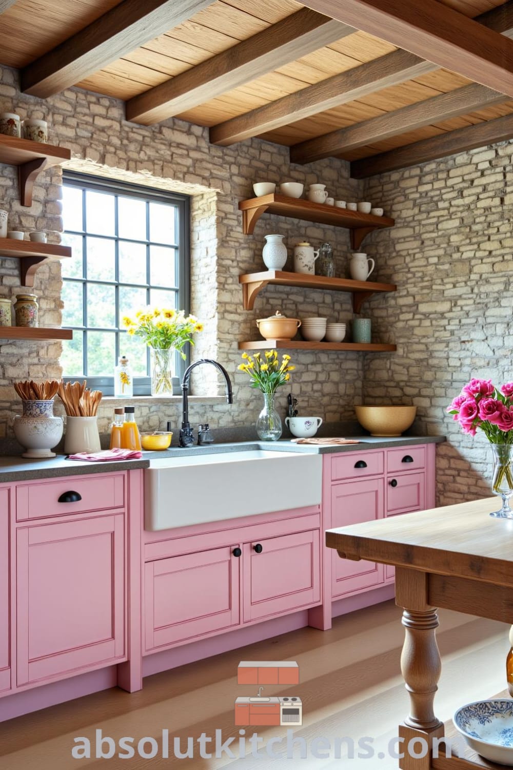 Rustic kitchen with soft pink accents, aged wooden beams, and weathered stone walls, featuring a farmhouse sink, handcrafted ceramics, and a cozy dining table, providing inspiring decor ideas for a warm and inviting home. Visit fireplacesandwoodstoves.com for more cozy home inspirations.
