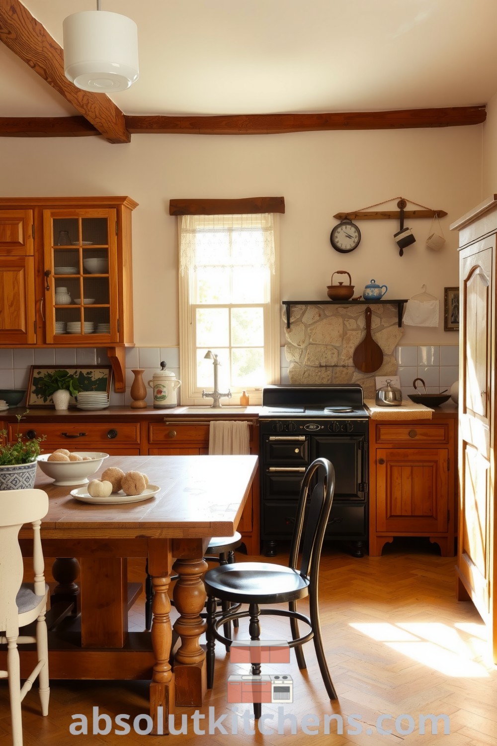 Cozy French kitchen featuring soft cream walls, worn wooden cabinetry, an aged table surrounded by mismatched chairs, and a classic cast-iron stove with a rough-stone backsplash, capturing rustic charm and warmth at absolutkitchens.com.