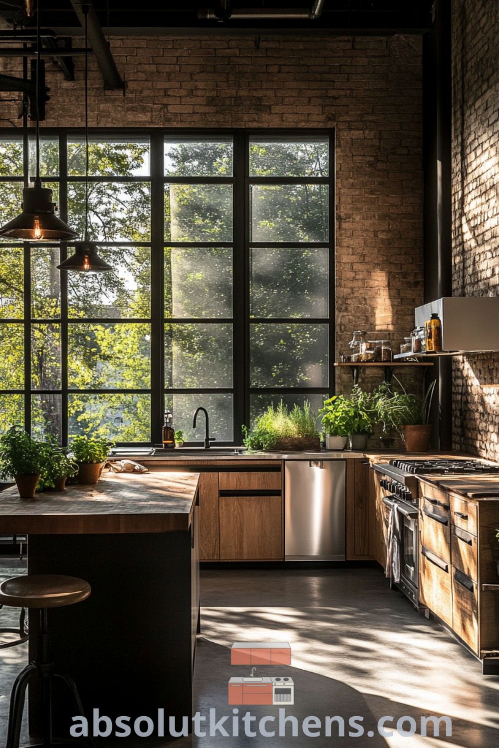 Cozy loft kitchen with industrial metal accents and wooden cabinetry on absolutkitchens.com, showcasing decorating ideas, inspiring cozy aesthetics, and practical design tips for house or apartment.