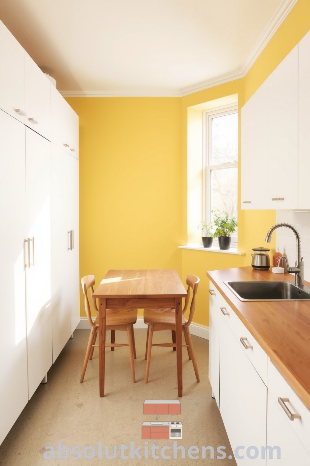 Stylish yellow minimalist kitchen featuring white cabinetry, a cozy wooden dining table, and potted herbs, with sunlight illuminating the polished concrete floor, perfect for inspiring design ideas for your home, provided by fireplacesandwoodstoves.com.