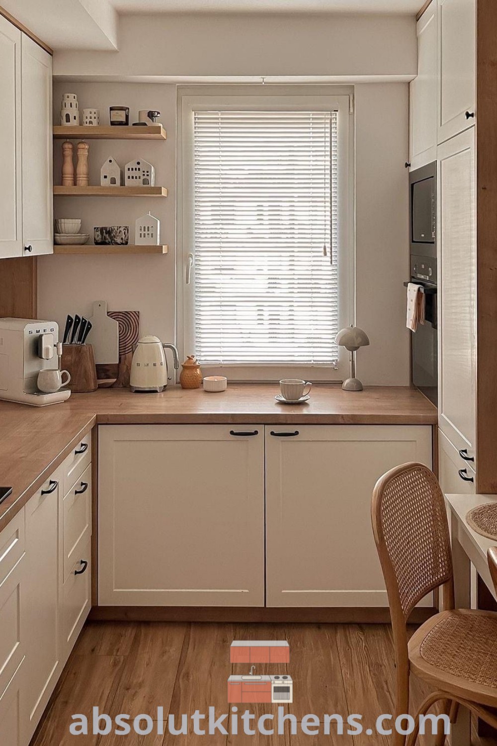 A clean and organized small kitchen showcasing efficient design ideas and solutions for small spaces, featuring multi-functional furniture and open shelving that enhance decor and functionality. Discover unique small kitchen solutions and inspiration for your home at wellnesswink.com.