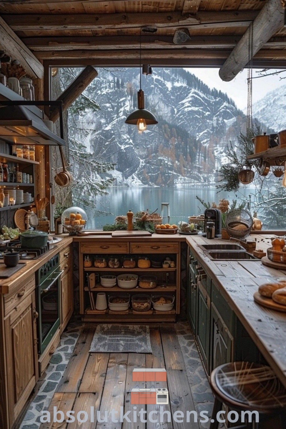 A cozy kitchen with wooden floors and plenty of counter space overlooking a picturesque mountain lake. This inviting space embodies the dream house interior aesthetic, with inspiring decor ideas for small spaces. The kitchen integrates natural elements for a harmonious feel, offering design tips for a beautiful mountain cabin retreat. Explore more at absolutkitchens.com.