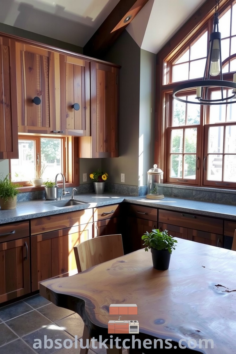 Cozy earthy kitchen featuring reclaimed wood cabinetry, stone countertops, a thriving herb garden, and a thick wooden dining table, creating an inviting atmosphere perfect for family gatherings. Visit absolutkitchens.com for inspiring decor ideas for your home.