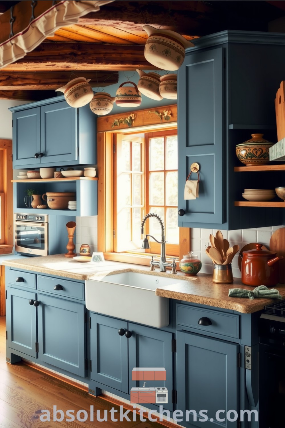 Cozy rustic kitchen featuring blue-painted cabinets, exposed wooden beams, a stone countertop, and vintage farmhouse sink beneath a sunlit window; decor ideas with handmade pottery and a nurturing atmosphere, perfect for design trends and inspirations at absolutkitchens.com.