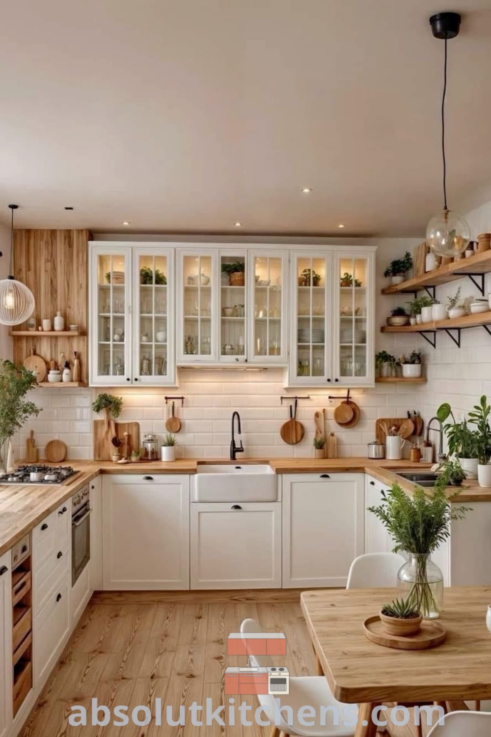 A cozy boho kitchen featuring wooden countertops and white cupboards next to a dining room table. This inspiring design showcases kitchen inspiration ideas and decorating tips for a warm, inviting atmosphere. Explore more home decor kitchen ideas at absolutkitchens.com.