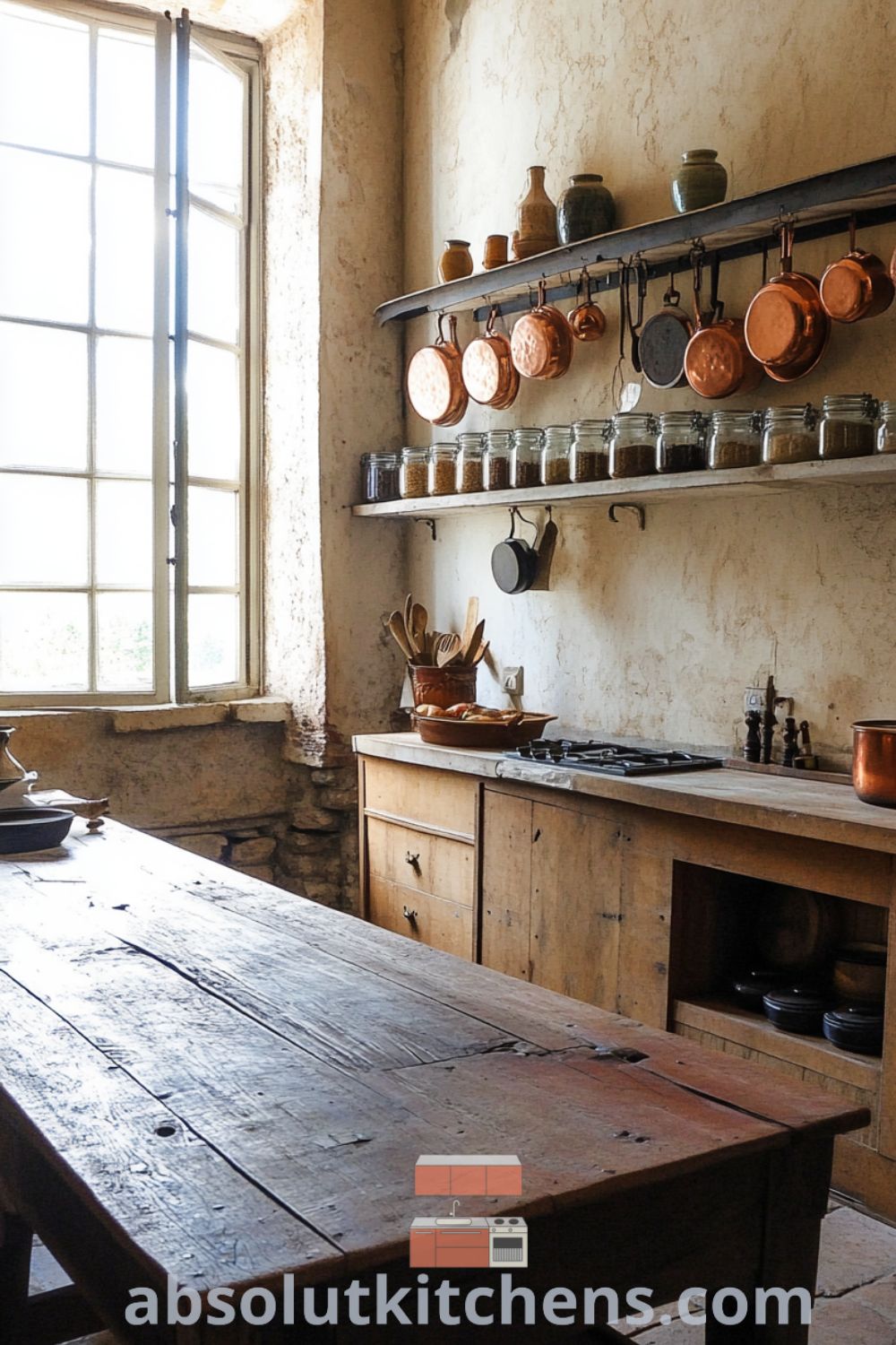 Cozy French kitchen featuring creamy plaster walls, a large wooden table, rustic stone tiles, hanging copper pots, and shelves filled with spices and fresh herbs, creating an inviting atmosphere for culinary creativity. Visit absolutkitchens.com for more cozy design ideas.