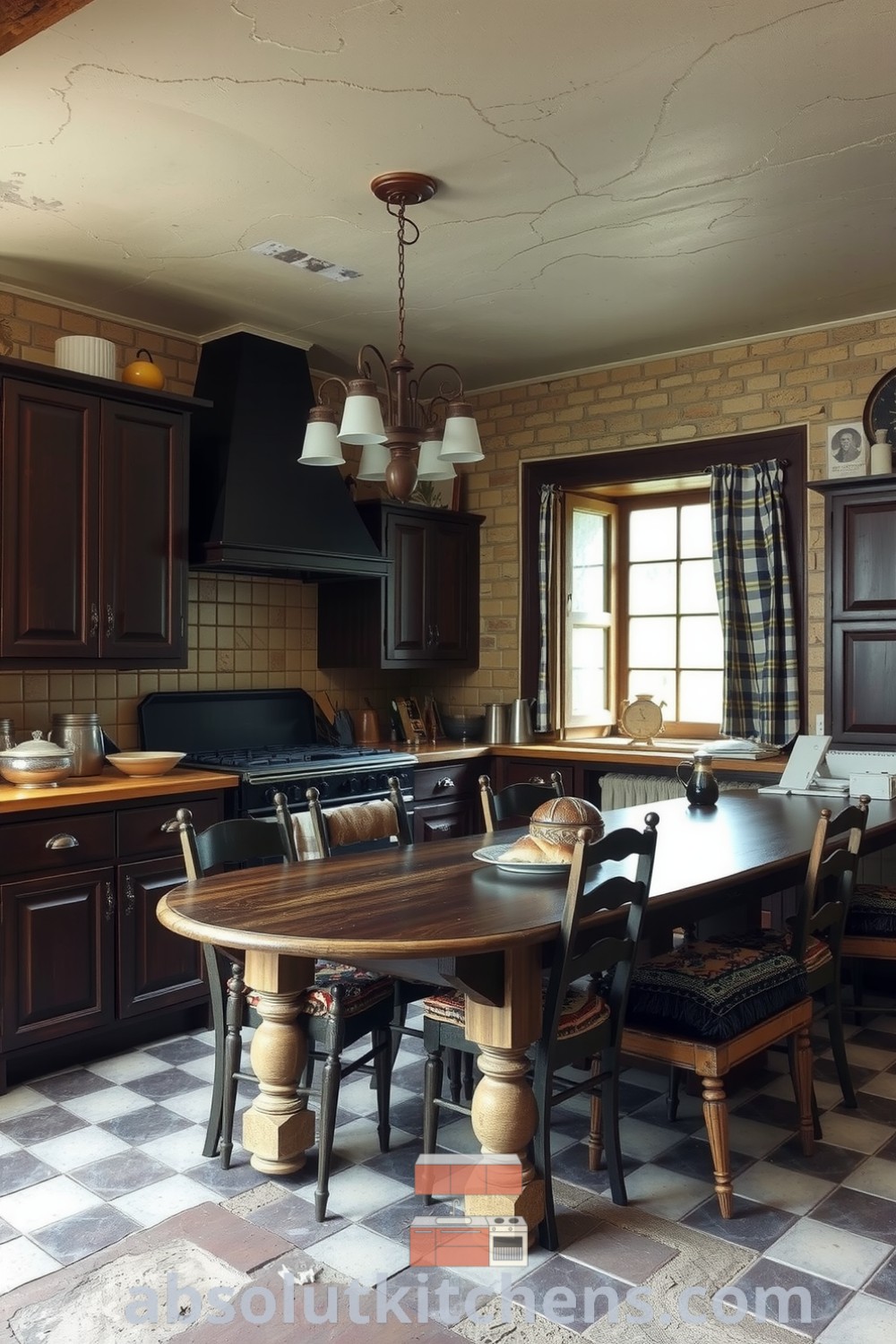 Cozy rustic kitchen featuring deep brown wooden cabinets, weathered countertops, a sturdy oak table with mismatched chairs, and exposed stone walls, creating a warm and inviting atmosphere. Visit absolutkitchens.com for design ideas and inspirations.