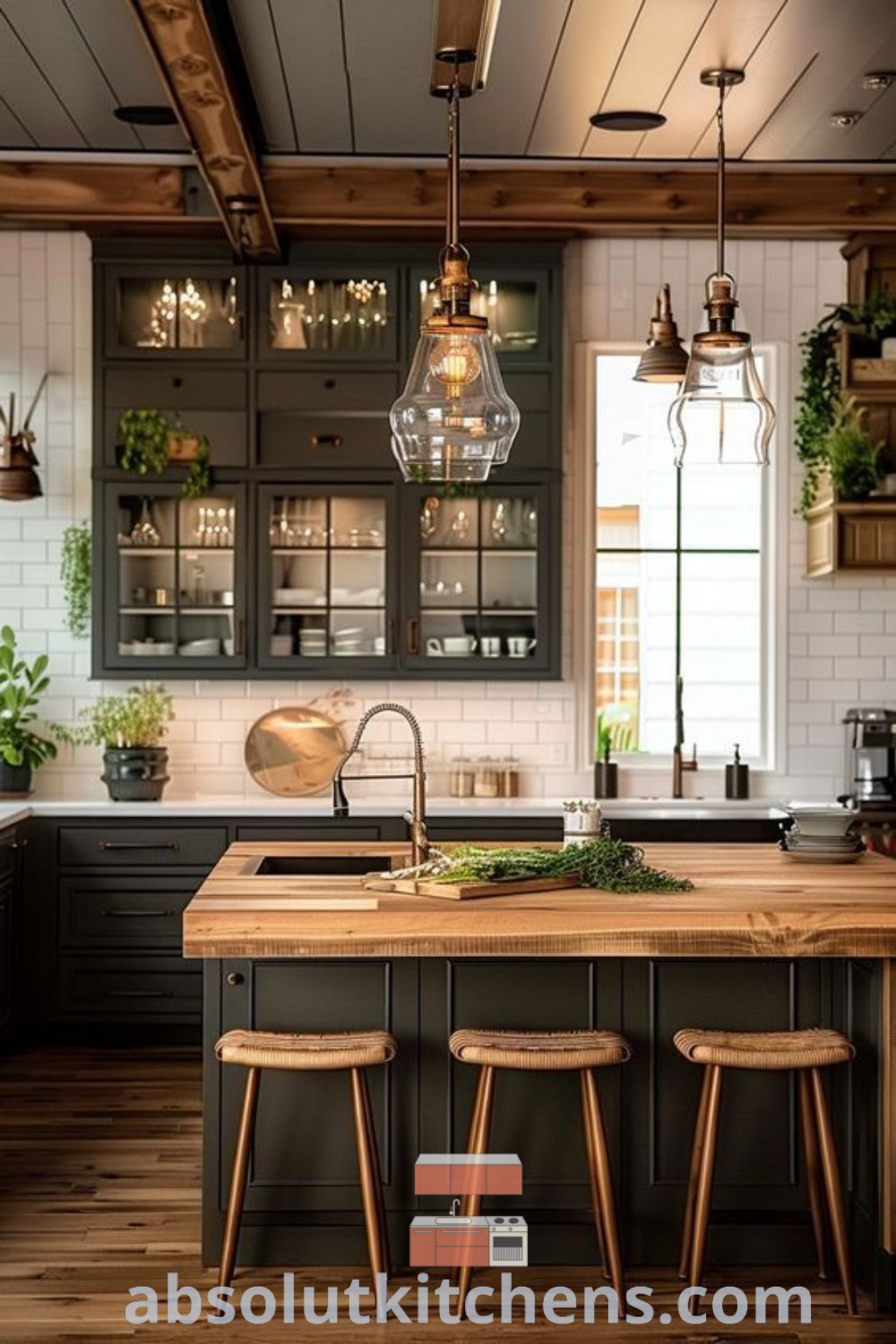 An industrial kitchen featuring two stools and a central island surrounded by potted plants, showcasing ideas for natural wood kitchen, tall kitchen cabinets, and beams. This timeless kitchen design offers inspiration for renovation ideas, ensuring a cozy aesthetic that is both functional and inviting. For more ideas, visit absolutkitchens.com.