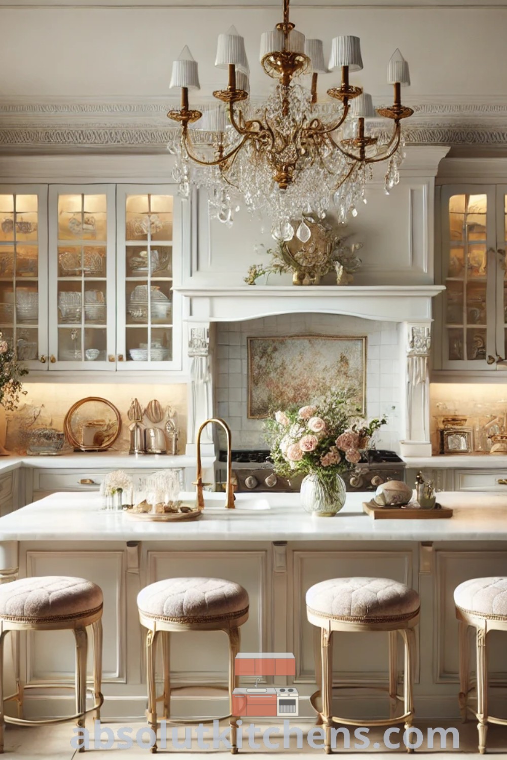 An elegant kitchen with white cabinets, a chandelier hanging from the ceiling, and stools, showcasing French Tudor and English country kitchen ideas. This inspiring design offers cozy aesthetic elements and practical decor ideas for small spaces, perfect for your kitchen remodel. Discover more at absolutkitchens.com.