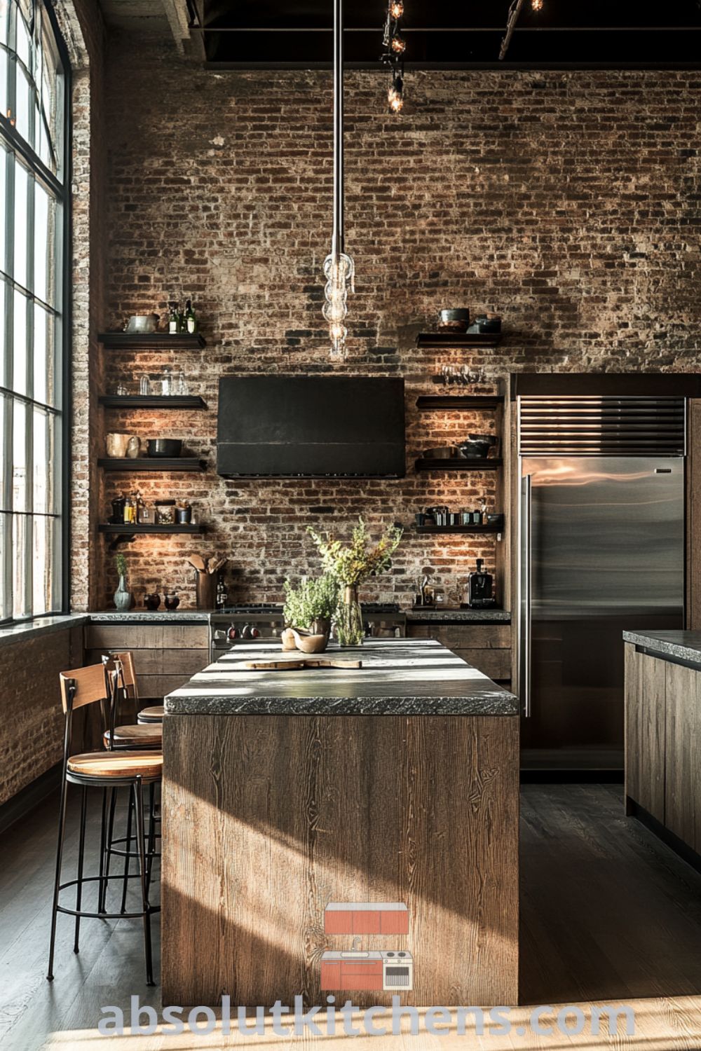 Urban Chic Rustic Kitchen with exposed brick and reclaimed wood on absolutkitchens.com showcasing cozy aesthetic, design tips, and decor ideas for small spaces.