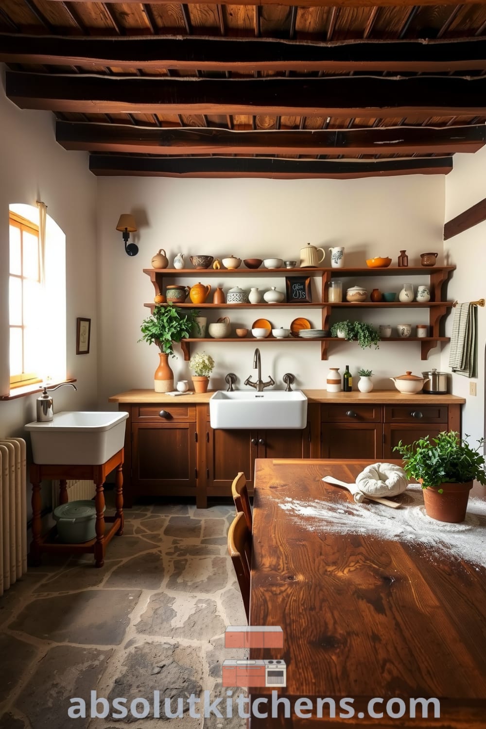 Cozy rustic kitchen with bright white walls, dark wooden beams, uneven stone floor, farmhouse sink, and shelves filled with mismatched ceramic dishes and potted herbs, showcasing warm inviting decor inspirations and unique ideas for your home at fireplacesandwoodstoves.com.