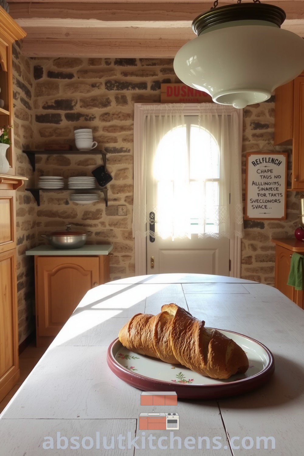 Cozy French kitchen with weathered stone walls, warm wooden cabinetry, and an antique table, featuring sunlight filtering through lace curtains and freshly baked bread, offering cozy aesthetic and decor ideas for your home at absolutkitchens.com.