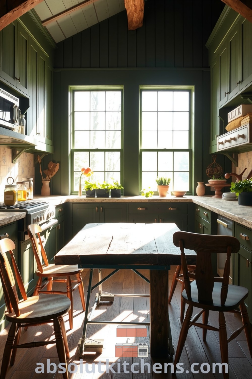 Cozy nature-inspired kitchen with deep green cabinetry, wooden accents, a large rustic dining table, and mismatched chairs, featuring sunlight filtering through large windows and potted herbs on the windowsill, creating a warm and inviting atmosphere. Visit absolutkitchens.com for unique decor ideas.