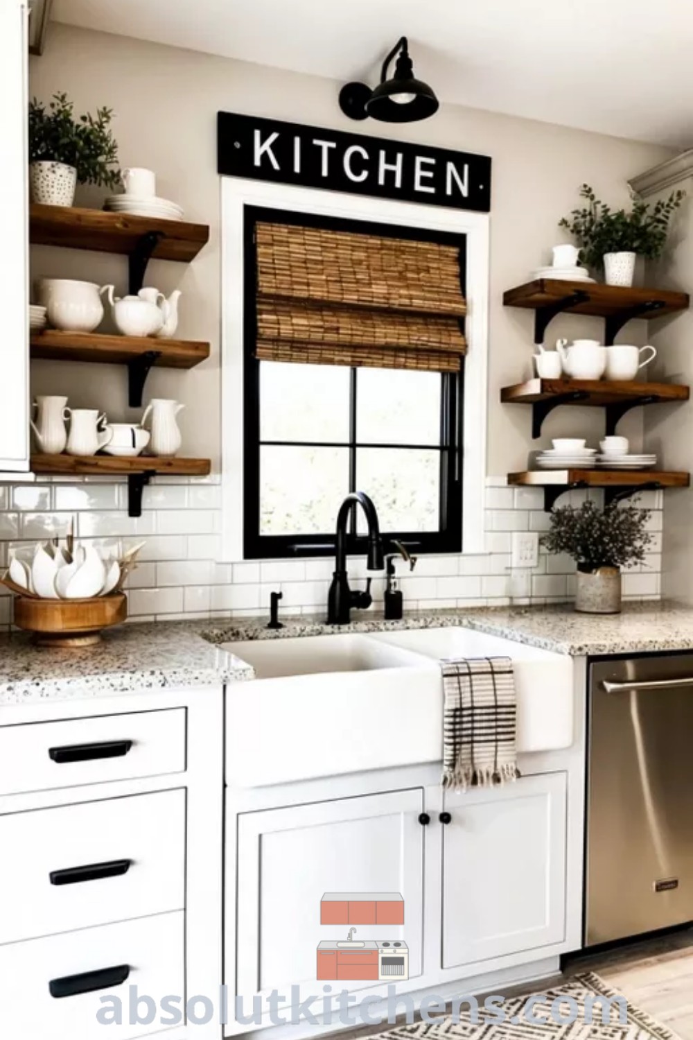 A clean and cozy industrial farmhouse kitchen showcasing black and white open shelving, wood wall ideas, and simple remodel concepts for small spaces. It offers inspiring decor ideas for house or apartment, featuring a modern farmhouse style perfect for breakfast or dinner gatherings. Discover more at absolutkitchens.com.