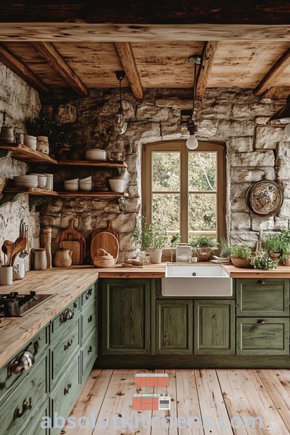 A rustic kitchen showcasing sage green cabinets and wood floors, perfectly illustrating cozy farmhouse kitchen design trends. This inviting space offers decor ideas for small spaces, blending modern living room interior styles with rustic charm. Explore more inspiration for your home at absolutkitchens.com.