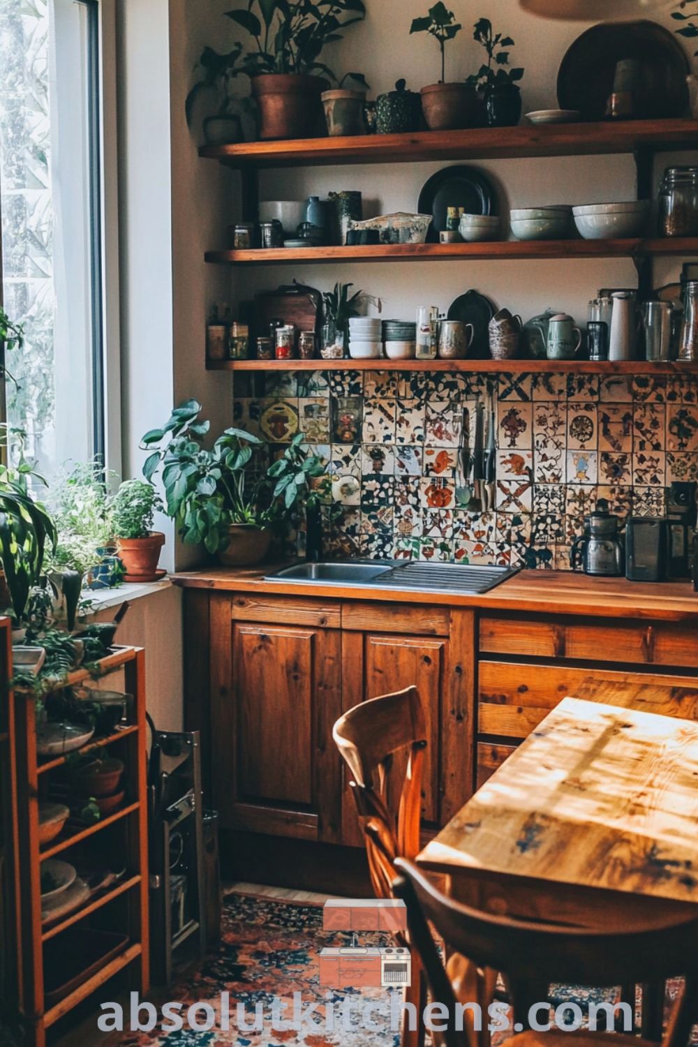 Bohemian Kitchen scene on absolutkitchens.com featuring warm earth tones, eclectic kitchen decor, cozy kitchen nook, and inviting design inspiration.