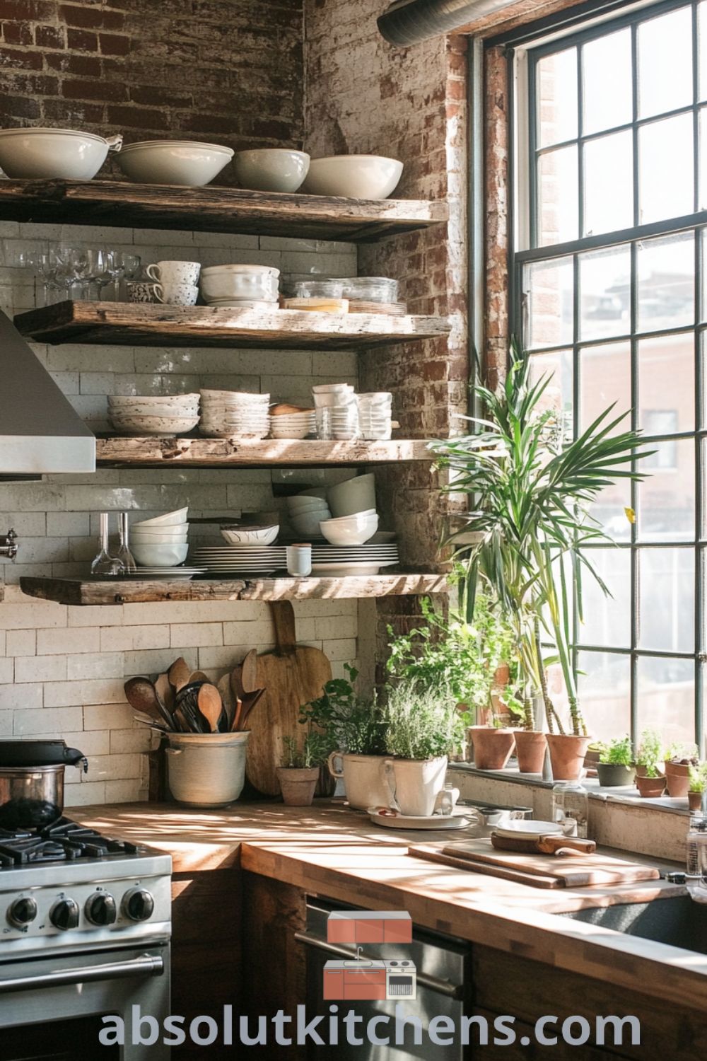 A sunlit loft kitchen with exposed brick walls and wooden beams showcased on absolutkitchens.com featuring ideas you need to see, cozy aesthetic, and decor ideas for small spaces.
