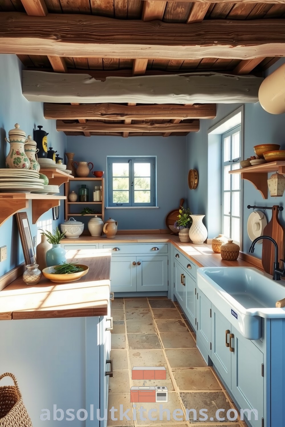 Cozy rustic kitchen featuring soft blue walls, weathered wooden beams, mismatched ceramic dishes, and sunlight filtering through a large window, creating an inviting atmosphere ideal for home and decor inspirations. Visit absolutkitchens.com for more ideas for your home.