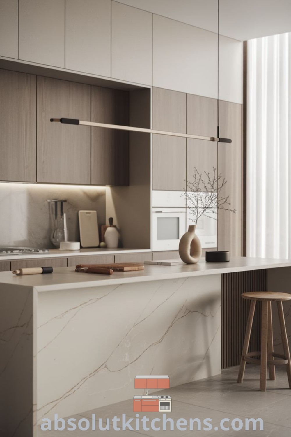 A modern kitchen with white walls and wood flooring in a U form layout, featuring Scandinavian style elements and beige and black accents. This design offers cozy ideas and unique inspirations for your home. Discover more decor ideas at wellnesswink.com.