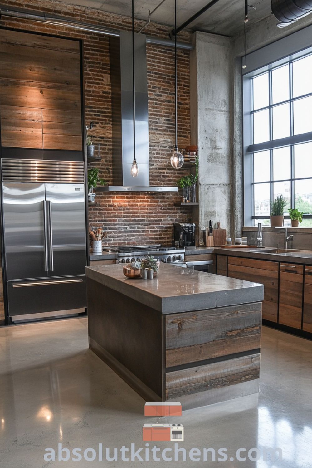 Stylish urban loft kitchen featuring wooden cabinetry, sleek stainless steel appliances, polished concrete floors, and exposed brick on absolutkitchens.com, showcasing loft kitchen design, modern lofts, and cozy aesthetic.