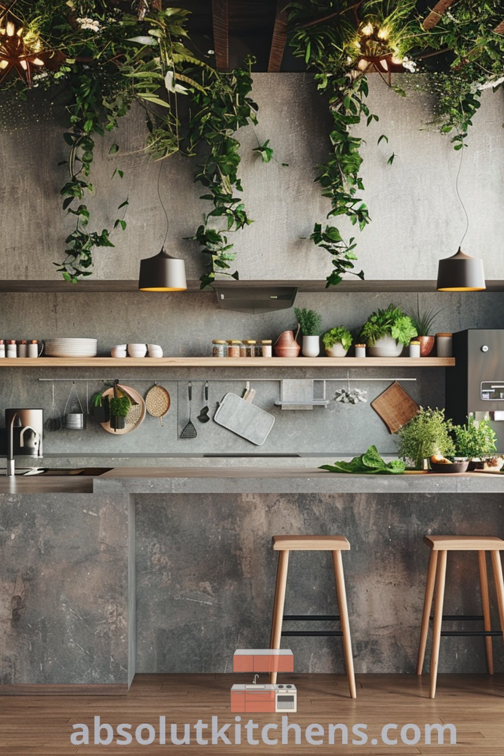 An industrial kitchen featuring concrete countertops, hanging plants, and two stools, showcasing a modern jungle oasis design. This cement kitchen offers practical and stylish decor ideas for small spaces, blending earthy elements with contemporary aesthetics. Explore more at absolutkitchens.com.