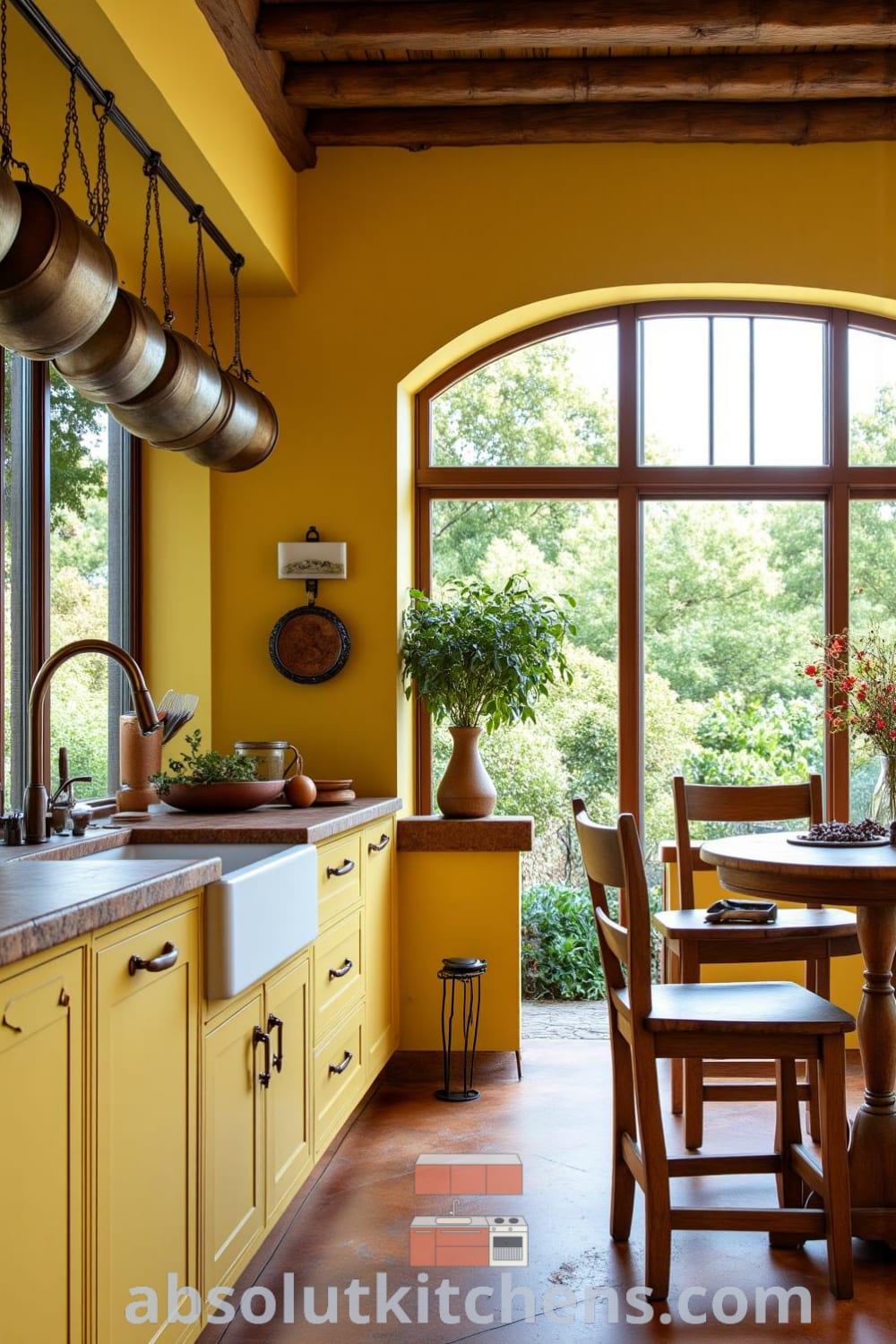 Cozy rustic kitchen with yellow walls, weathered timber beams, an oak countertop, a farmhouse sink, vintage pots, and a wooden dining table, creating an inviting atmosphere inspired by cozy home decor ideas. Visit fireplacesandwoodstoves.com for more design inspirations.
