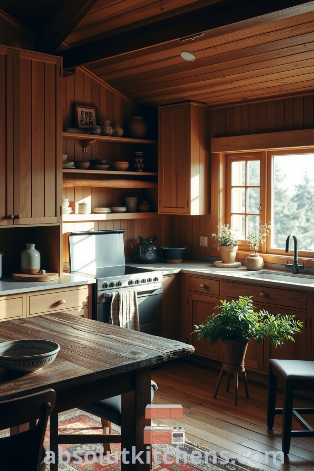 Cozy Scandinavian kitchen featuring warm brown tones, natural wood cabinetry, smooth stone countertops, hand-thrown pottery, and potted herbs, creating an inviting space for family gatherings and inspiring decor ideas for your home. Visit fireplacesandwoodstoves.com for more cozy inspirations.