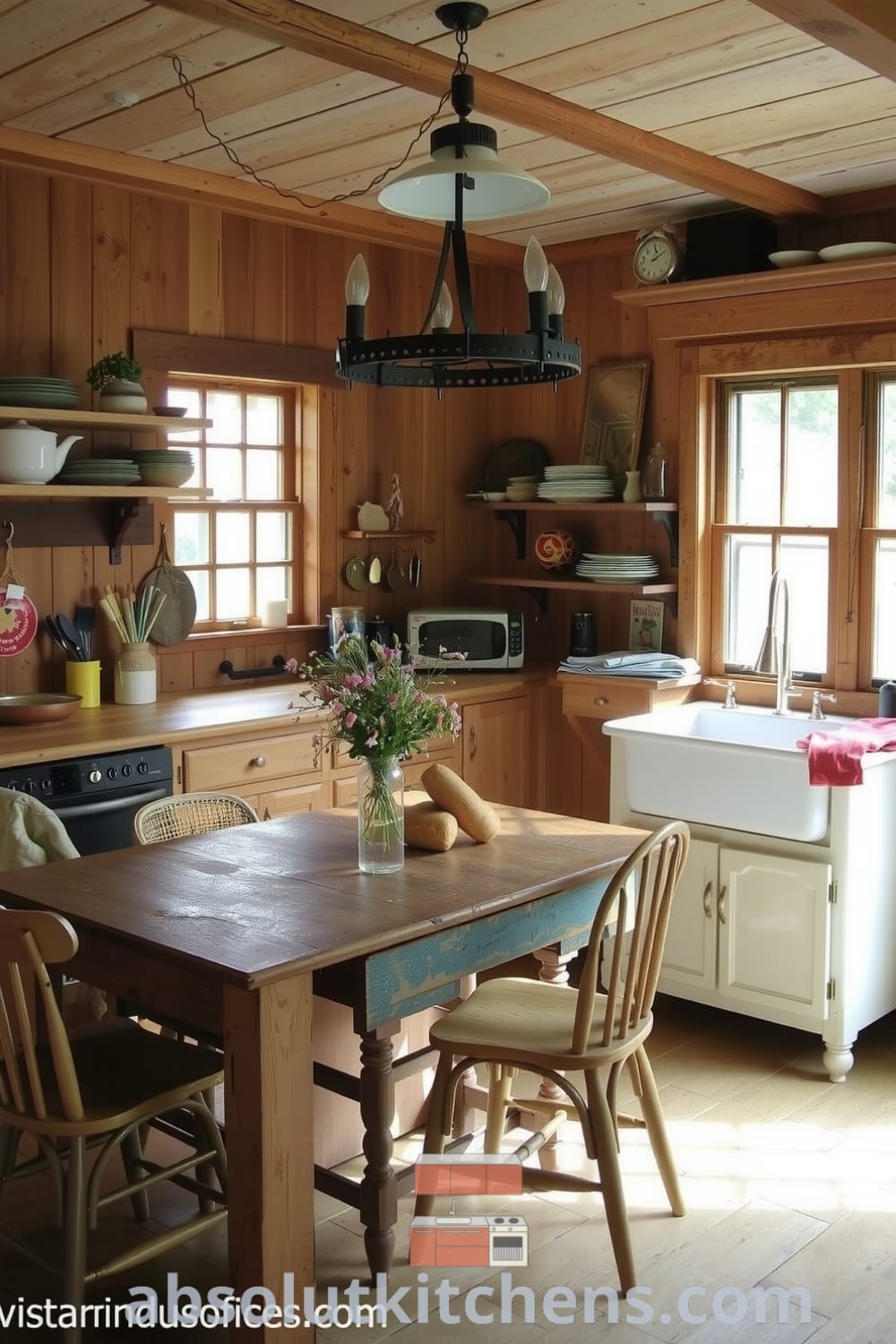 Rustic kitchen with weathered wooden cabinets, distressed white farmhouse sink, stone countertops, wildflowers in a vase, and mismatched chairs, creating a cozy home atmosphere perfect for gatherings. Visit fireplacesandwoodstoves.com for unique decor ideas and inspirations.