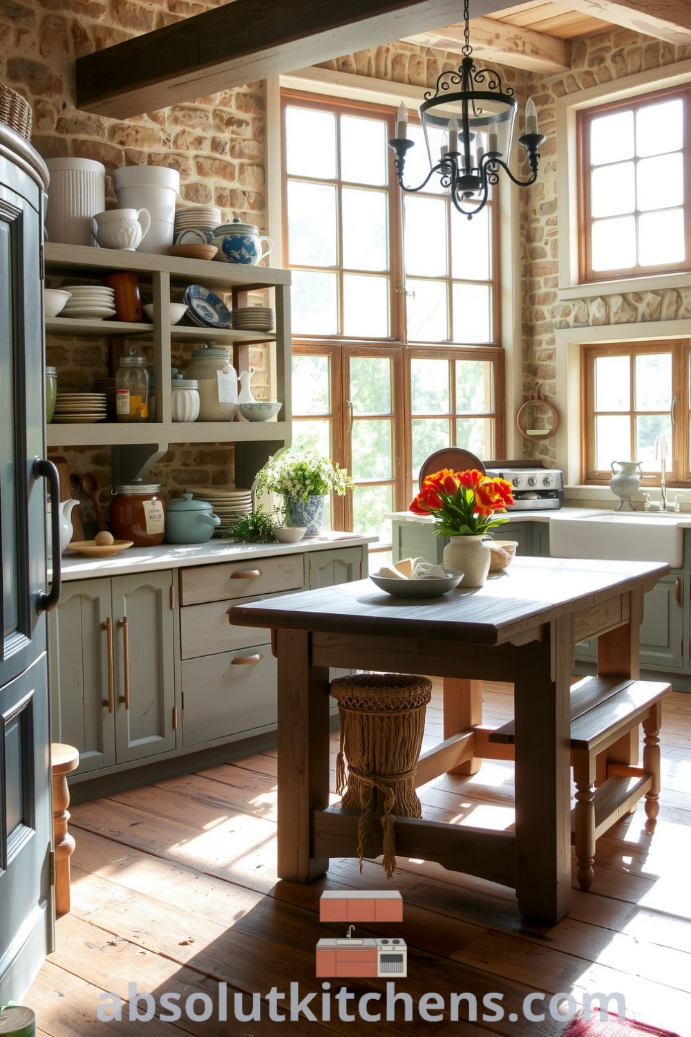 Cozy farmhouse kitchen featuring stone walls, a sturdy wooden table, and sunlit floors, highlighted by rustic open shelves with mismatched bowls and jars, evoking a warm and inviting atmosphere perfect for gatherings. Visit absolutkitchens.com for inspiring decor ideas.