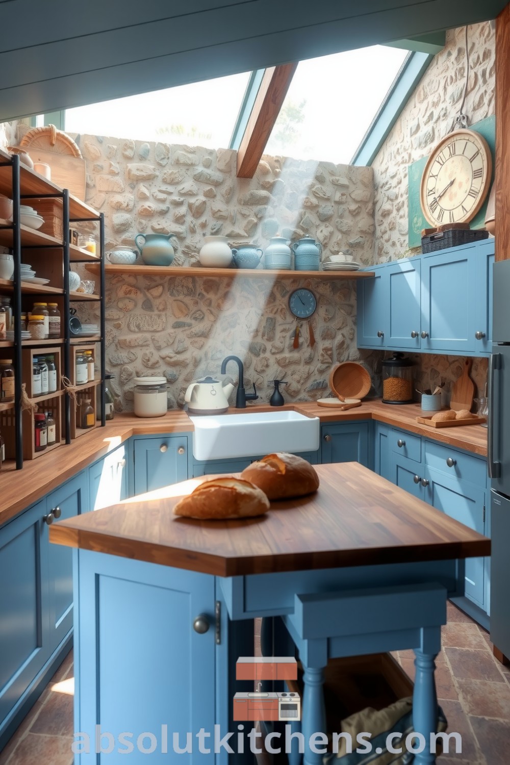 Cozy blue rustic kitchen featuring weathered wood countertops, handmade pottery, oversized windows, and a farmhouse table, creating a warm and inviting atmosphere for family gatherings. Visit absolutkitchens.com for more inspiring decor ideas.