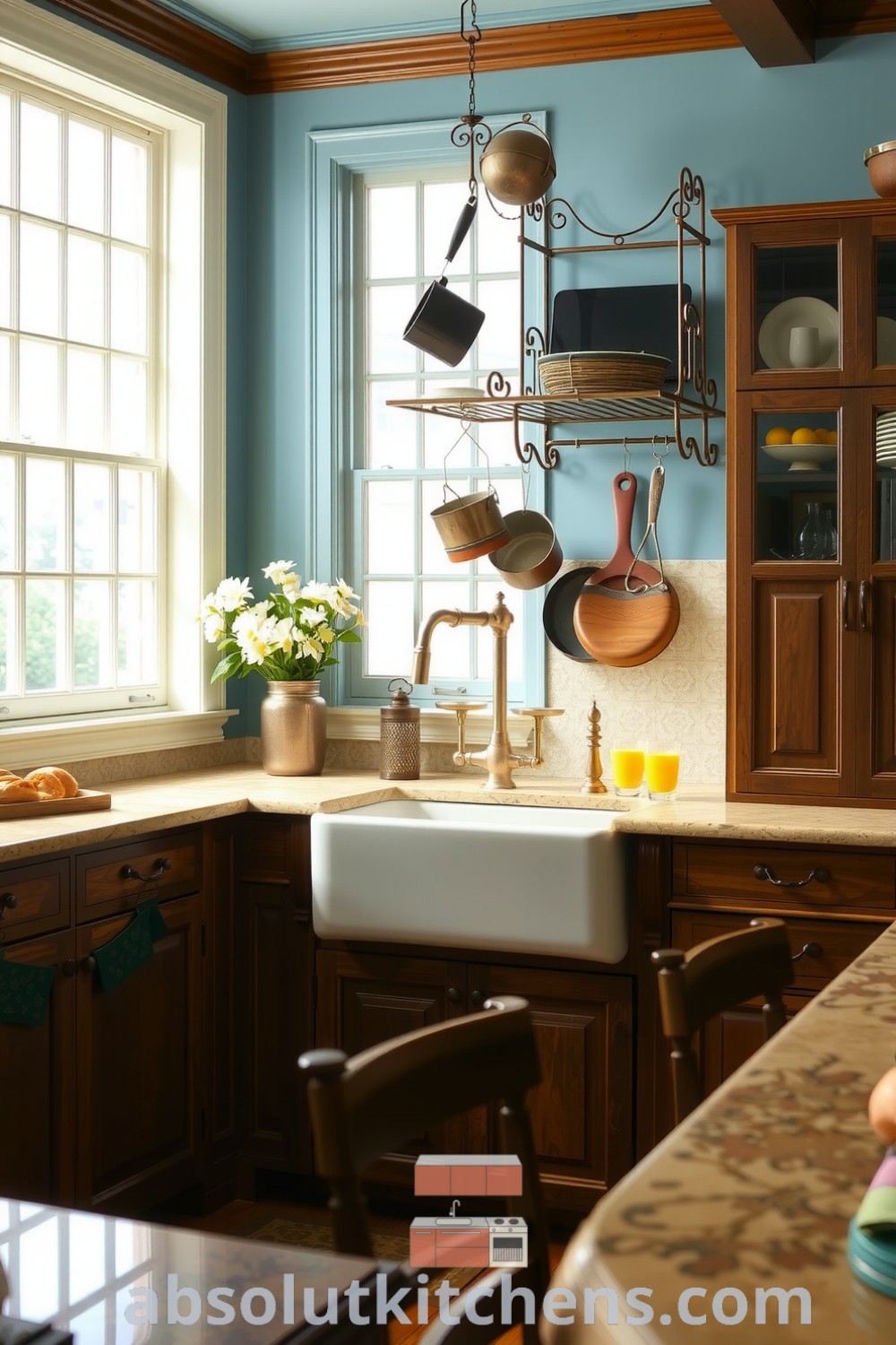 Cozy Victorian kitchen with soft blue walls and dark wooden cabinets, featuring a farmhouse sink, polished stone countertops, and vintage pots hanging from an iron rack, creating a timeless and inviting space at absolutkitchens.com.