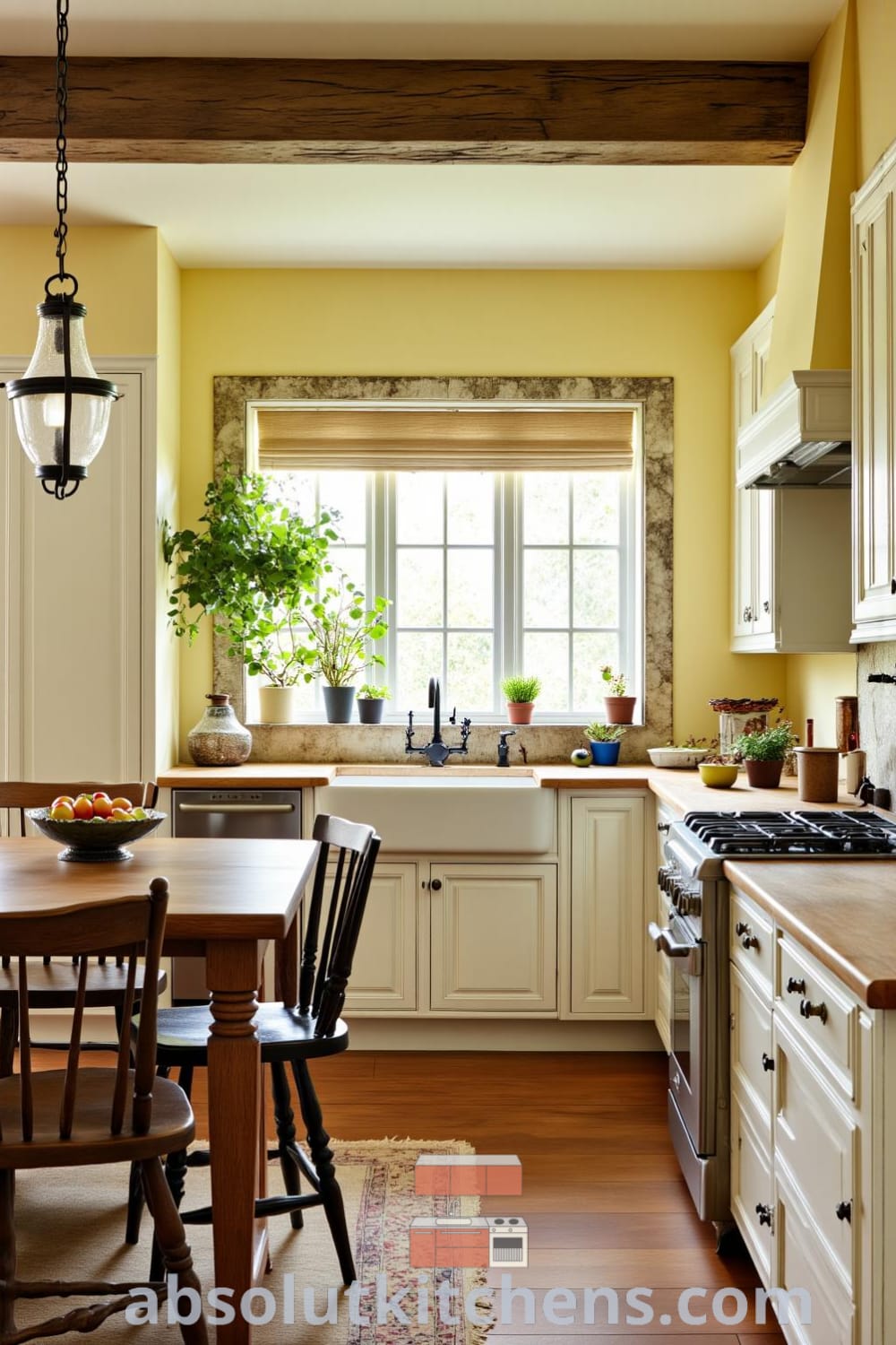 Cozy rustic kitchen with soft yellow walls, a farmhouse sink, weathered wooden beams, and a butcher block countertop featuring mismatched ceramic dishes, creating an inviting atmosphere for family gatherings, perfect for decor inspirations from fireplacesandwoodstoves.com.