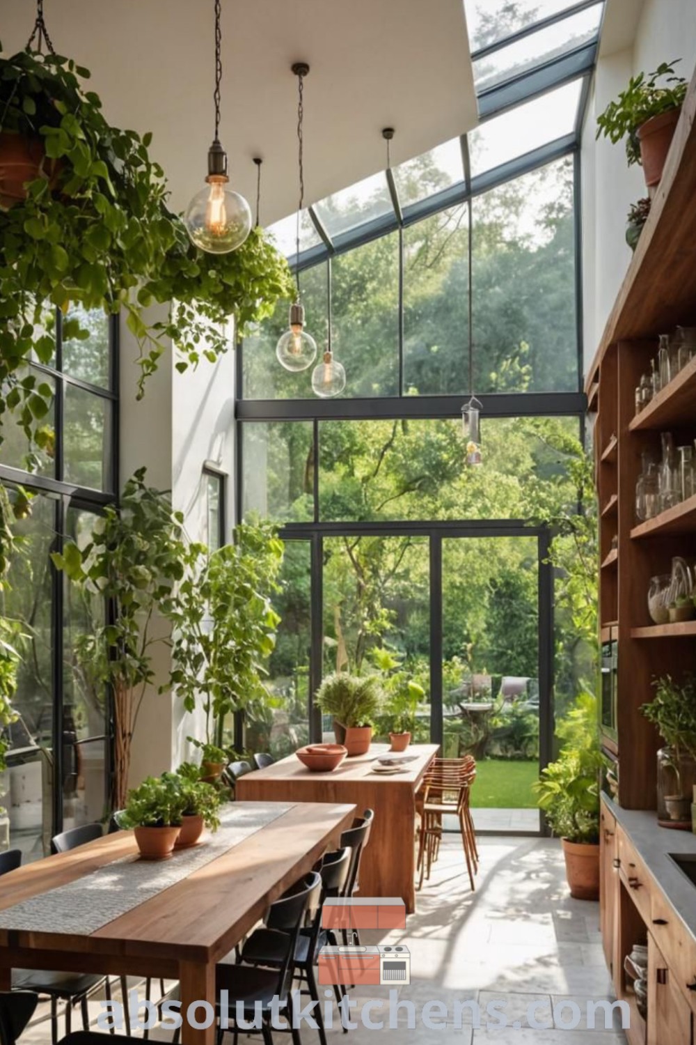 An open kitchen with a stylish table as an island, filled with plants, ceiling windows that provide ample natural light, and polished floors. This inspiring space showcases indoor outdoor kitchen ideas, offering decor ideas for small spaces and a cozy aesthetic. Discover more kitchen inspirations at absolutkitchens.com.