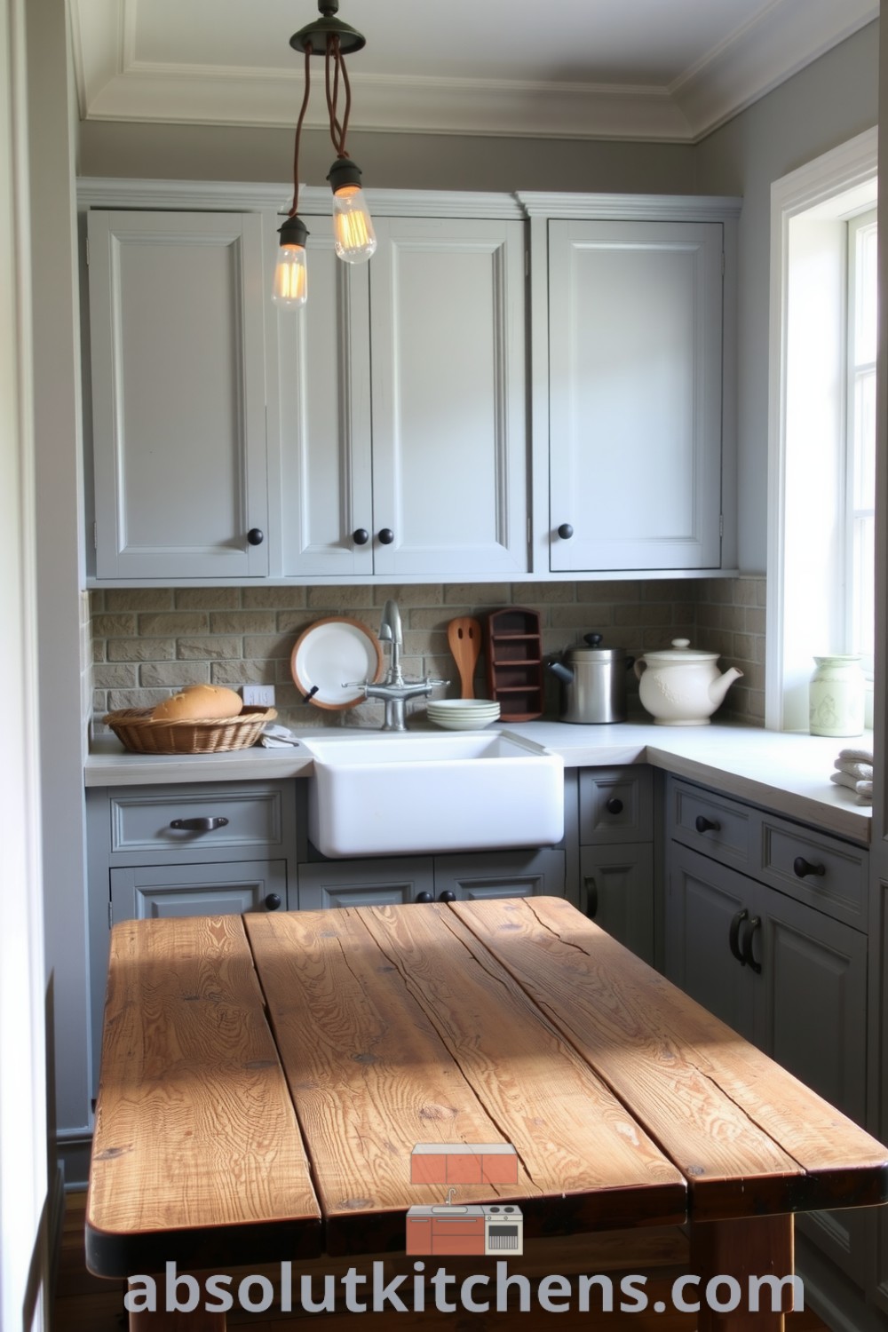 Cozy rustic kitchen featuring soft grey tones, weathered wood cabinets, a rough stone backsplash, and a sturdy wooden table, creating an inviting atmosphere perfect for home-cooked meals. Visit absolutkitchens.com for inspiring decor ideas for your home.