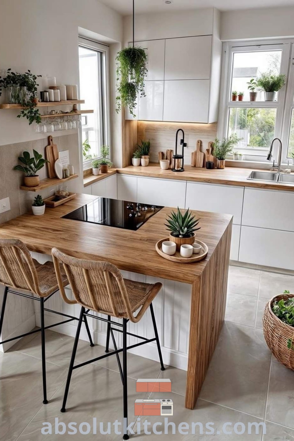 A cozy Scandi kitchen filled with lots of countertop space, adorned with plants on the shelves, showcasing small kitchen decor ideas. Discover beautiful kitchen design plans and decorating ideas for apartments at absolutkitchens.com.