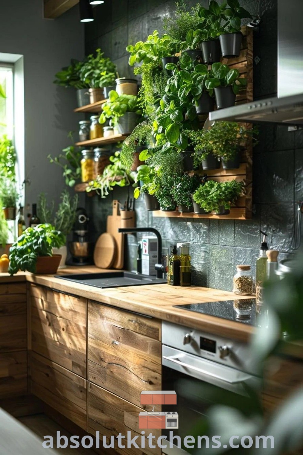 A lively kitchen filled with potted plants next to a sink and stove top oven, showcasing jungle kitchen ideas and post modern home inspiration. This cozy space reflects design trends while offering decorating ideas for small spaces. Discover more on absolutkitchens.com.