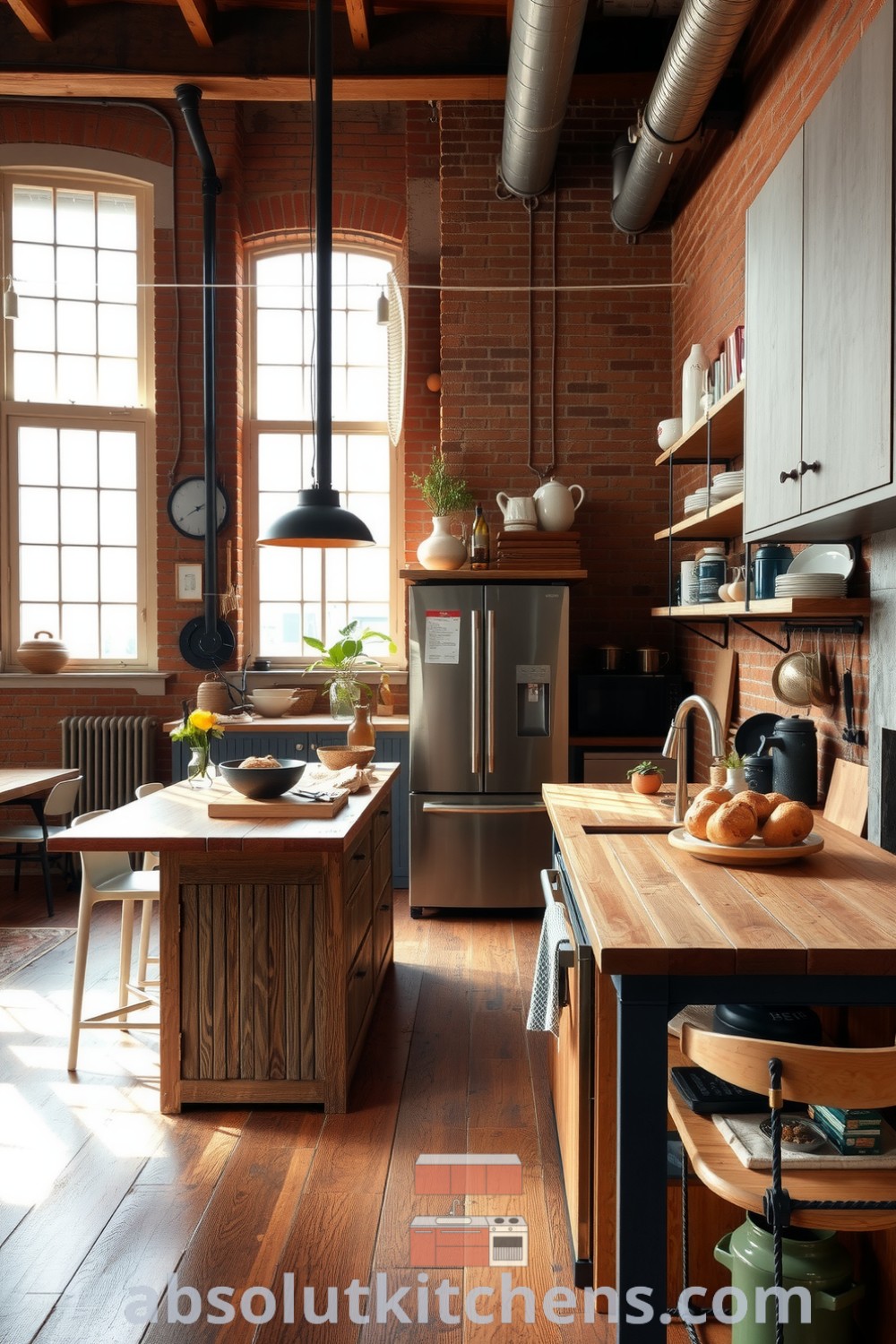 Cozy brown kitchen with rustic wood and metal accents, featuring exposed brick walls, an aged wooden island, and handcrafted ceramics, creating an authentic and inviting gathering space, with inspiration for cozy home designs and decor ideas at fireplacesandwoodstoves.com.