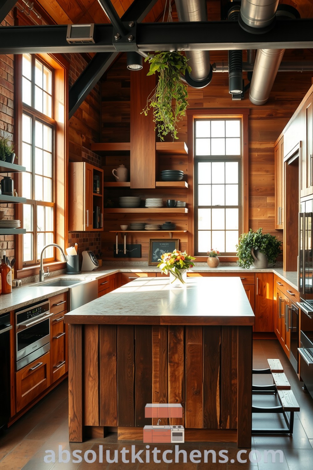 A cozy loft kitchen with brown wooden cabinetry, metal accents, and a reclaimed wood island at the center, illuminated by natural light from large windows, showcasing decorative hanging herbs and granite countertops, offering inspiring decor ideas for a warm and functional home at fireplacesandwoodstoves.com.