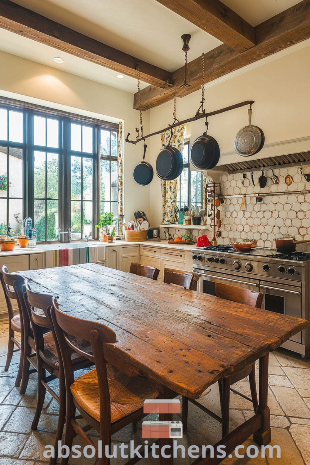 Cozy French kitchen featuring soft cream walls, traditional tiles, weathered wooden beams, a reclaimed wood farmhouse table, and hanging pots, creating a warm and inviting atmosphere perfect for shared meals and cozy gatherings. Visit absolutkitchens.com for inspiring decor ideas.