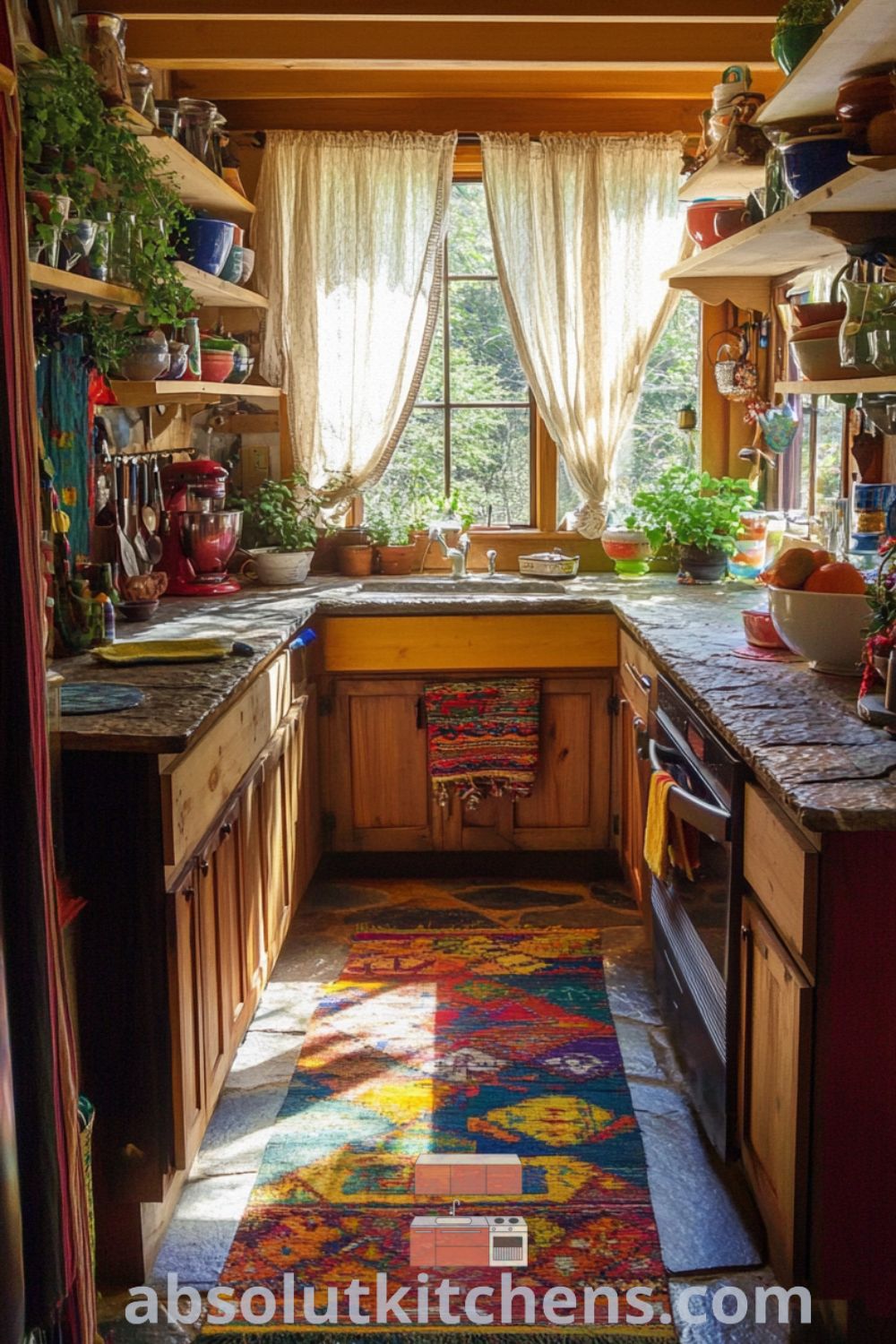 Bohemian Kitchen design featuring rustic cabinets, colorful accents, and cozy aesthetic on absolutkitchens.com, showcasing inspiring kitchen ideas and decor ideas for small spaces.