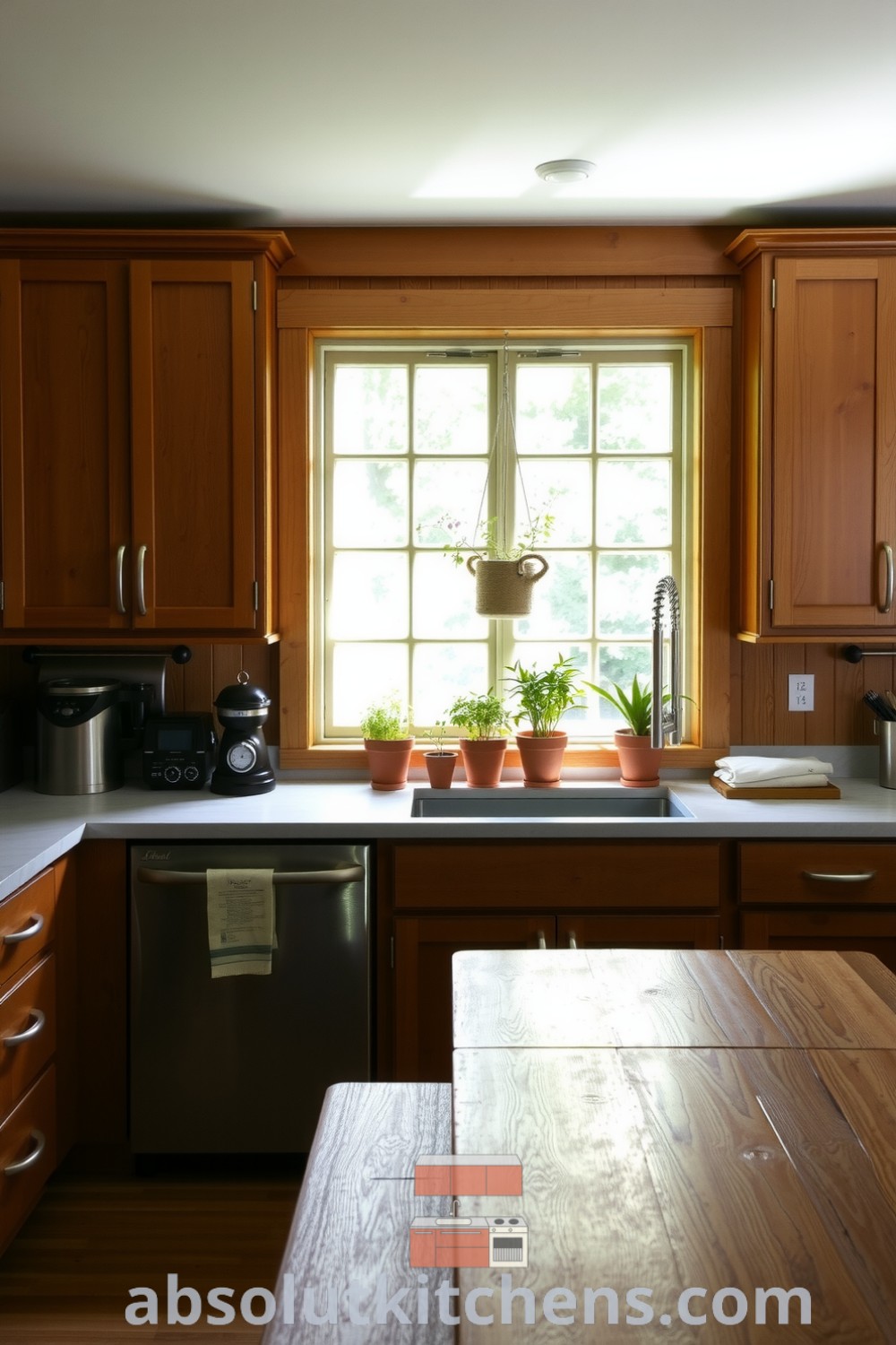 Cozy nature-inspired kitchen with reclaimed wood cabinets, stone countertops, large mullioned windows, and potted herbs on the sill, creating a warm and inviting atmosphere. Visit absolutkitchens.com for unique decor ideas and inspirations for your home.