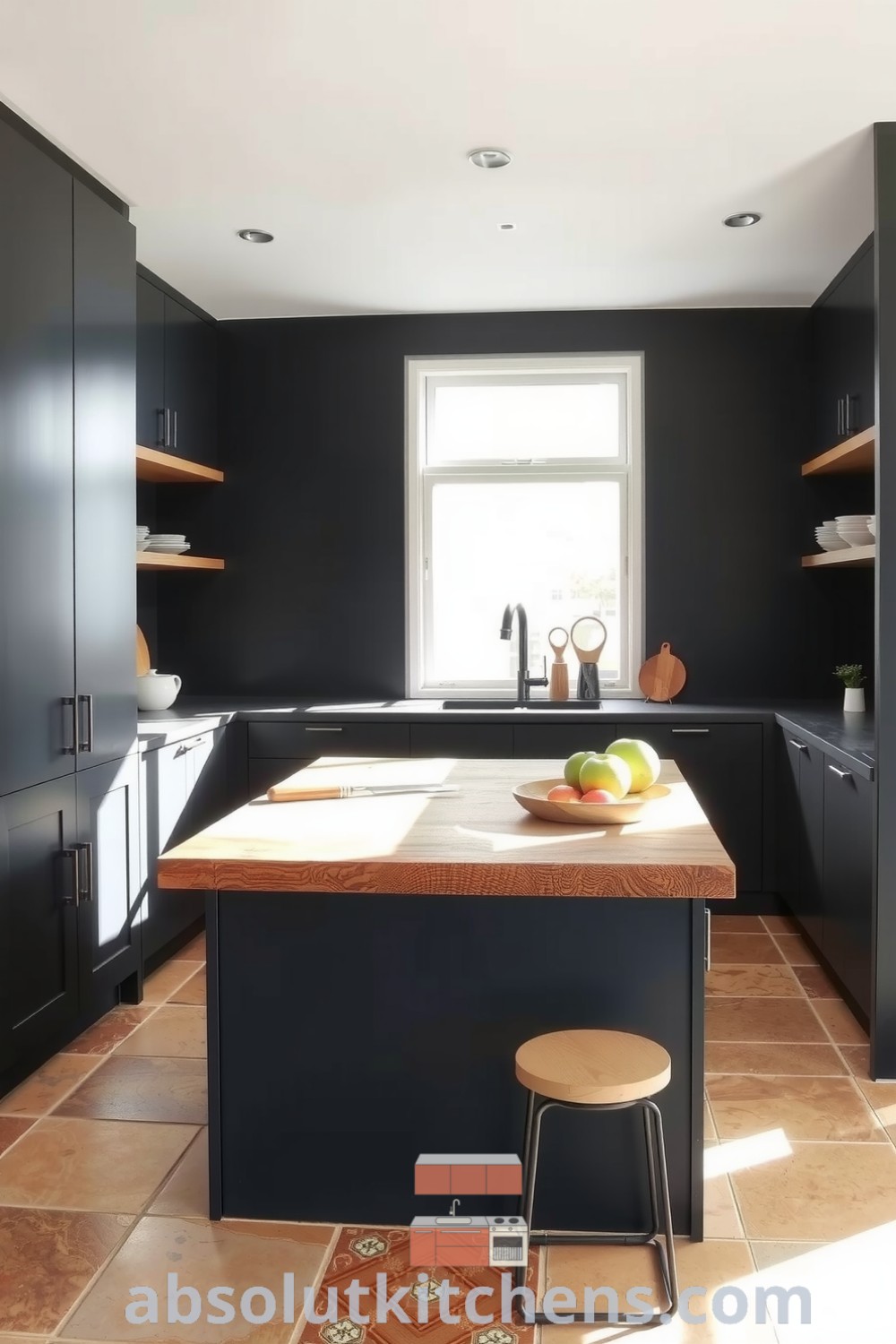 A minimalist black kitchen featuring sleek cabinetry, warm textured stone flooring, and natural light filtering through a large window, with open shelves displaying simple kitchenware and a reclaimed wood island, emphasizing cozy design ideas and inspirations for your home on fireplacesandwoodstoves.com.