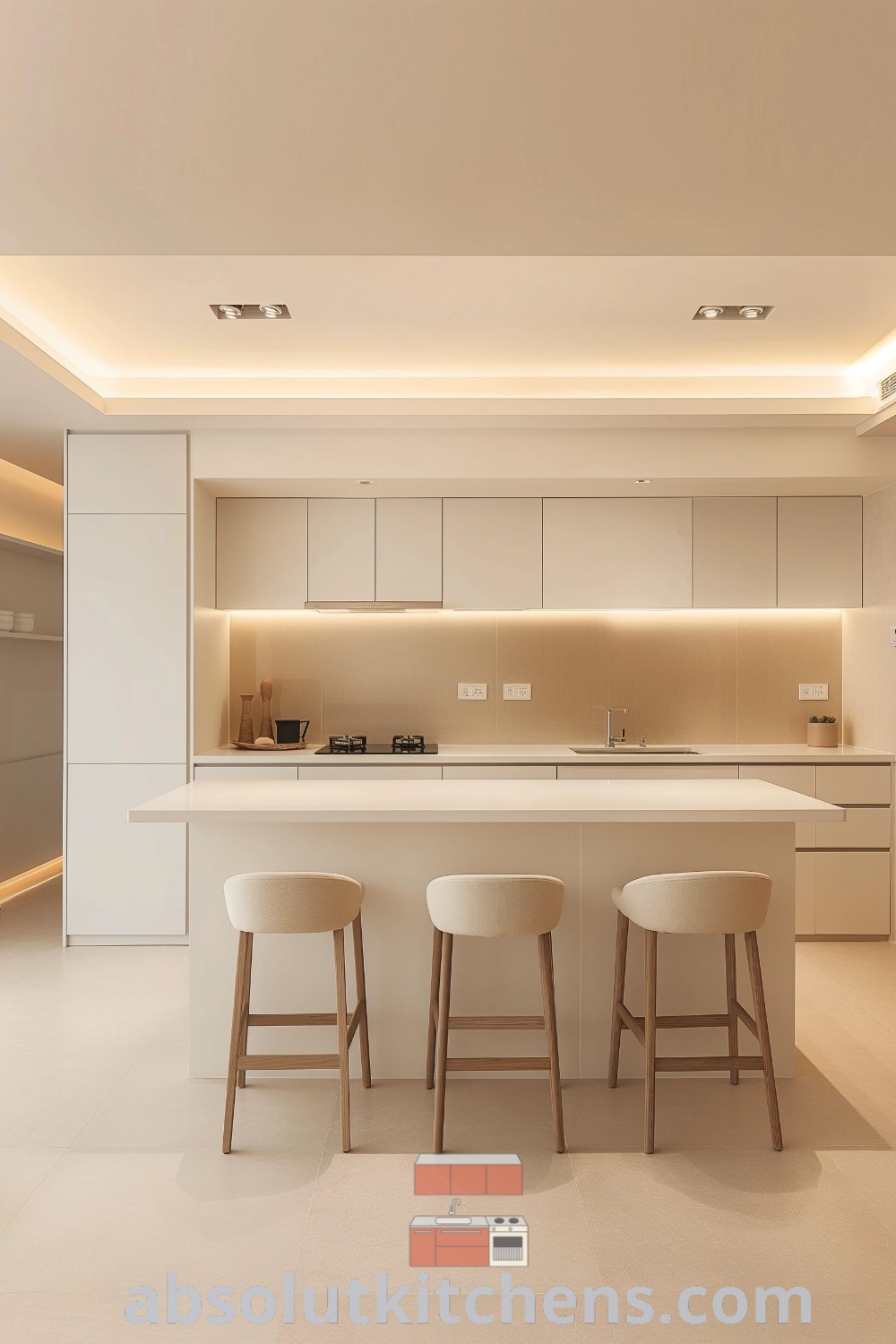 A serene white minimal kitchen featuring smooth lines and an open space design, complemented by a black coffee table. This peaceful kitchen decor offers unique ideas for business apartments and classic apartments, focusing on functionality and aesthetics. Discover more design inspirations at wellnesswink.com.