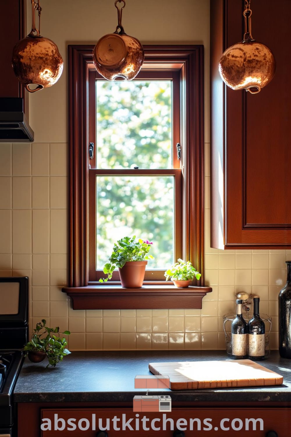 A cozy rustic kitchen featuring warm wooden cabinetry, creamy tile backsplash, copper pots, and a well-used cutting board, with sunlight streaming through a small window, offering inspiring decor ideas for creating a cozy home on fireplacesandwoodstoves.com.