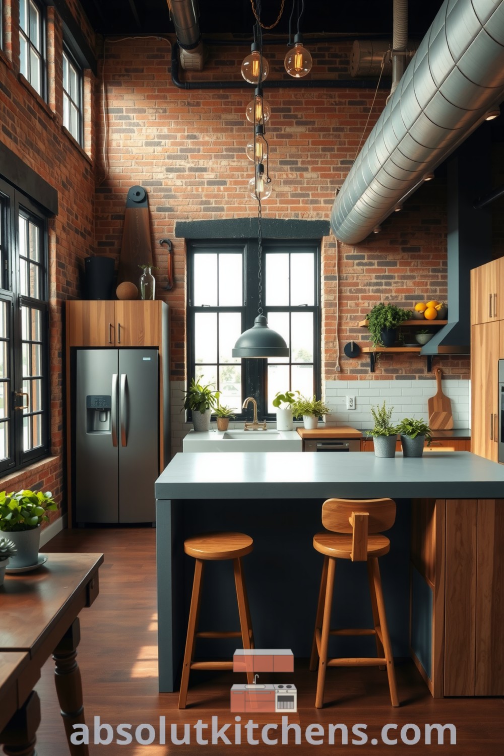 Modern loft kitchen featuring sleek concrete countertops, warm wooden cabinets, tall windows, an exposed brick wall, and vintage pots of herbs, creating a cozy atmosphere ideal for gatherings. Visit fireplacesandwoodstoves.com for inspiring decor ideas.