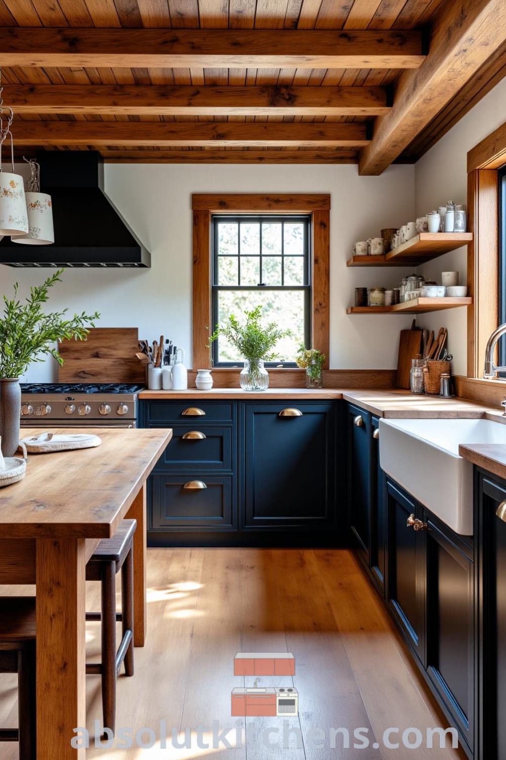 Cozy rustic kitchen featuring deep black cabinets, a warm wood pine table, and mismatched ceramic mugs, evoking a welcoming atmosphere perfect for family gatherings. Discover unique decor ideas at fireplacesandwoodstoves.com.