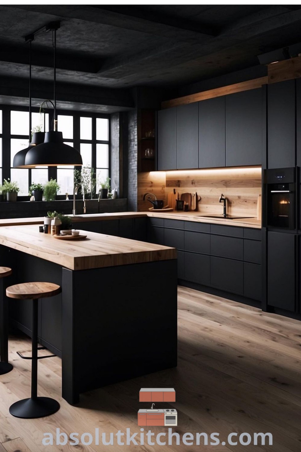 A modern dark kitchen design showcasing black cabinets, wooden flooring, and pendant lights above an island with bar stools, presenting unique ideas for cozy home decor. This stylish dark kitchen from wellnesswink.com emphasizes functionality and aesthetic appeal, offering inspiration for an open space living room.