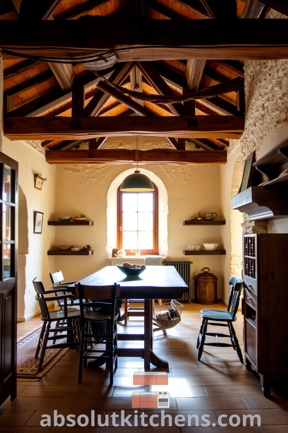 Cozy farmhouse kitchen featuring warm morning light, exposed wooden beams, and stone walls, with a sturdy wooden table and mismatched chairs, creating an inviting and rustic atmosphere for family gatherings at absolutkitchens.com.